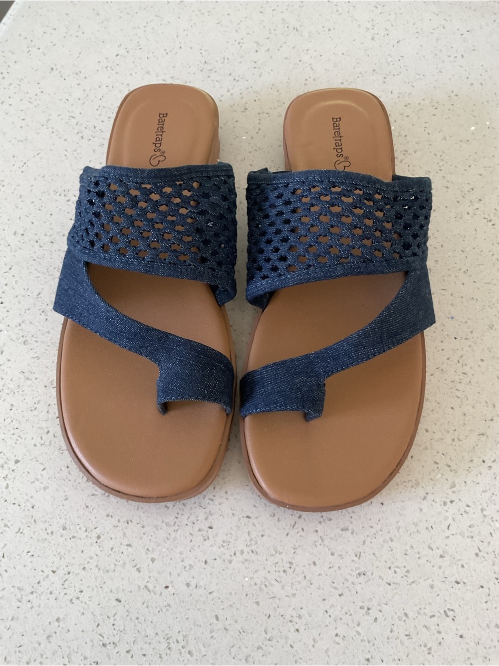 BareTraps Navy Denim Toe-Loop Slide Sandals